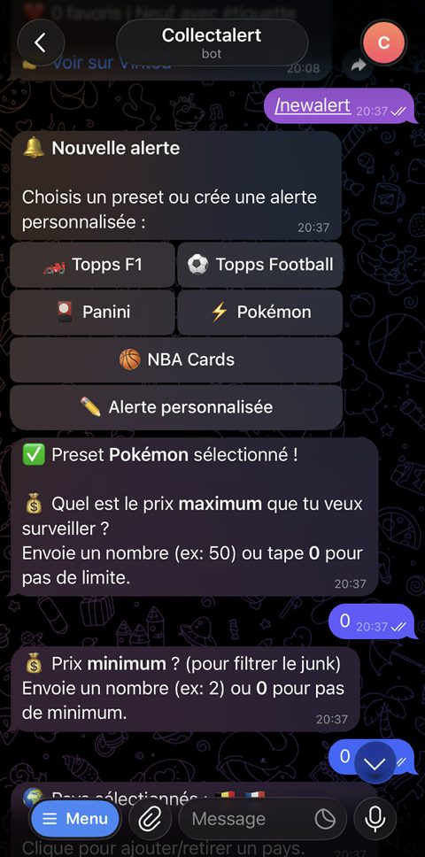 CollectAlert — choix de catégorie sur Telegram